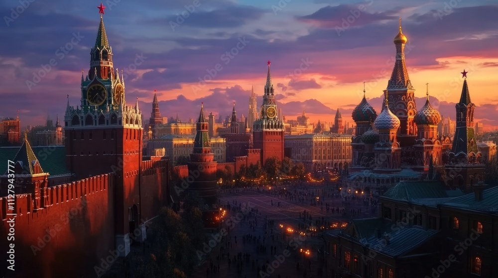 Obraz premium Red Square, Moscow sunset, Kremlin towers, St. Basil's.