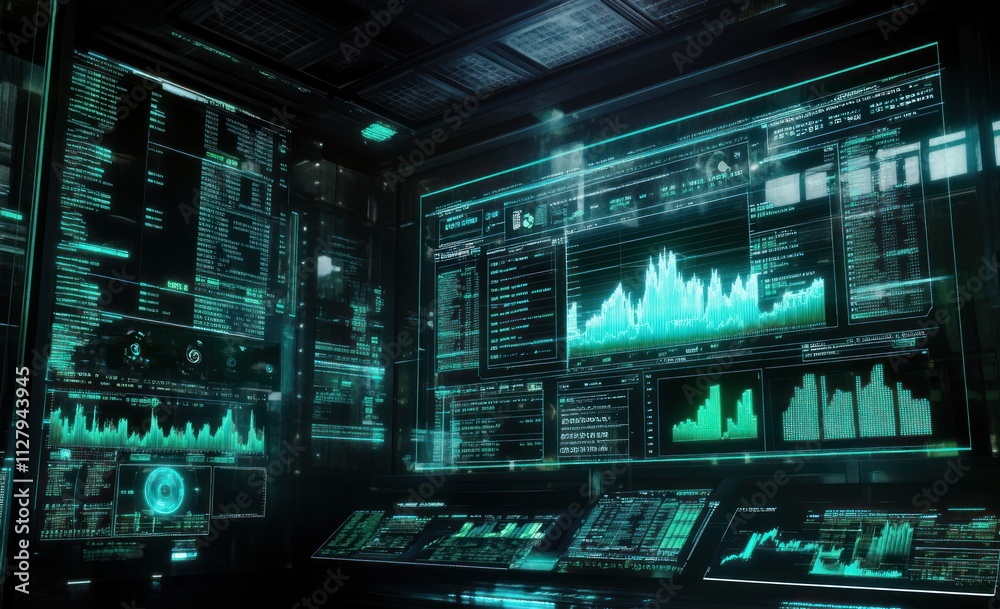 Futuristic digital control room with holographic displays showing data, graphs, and charts. Futuristic digital control room with holographic displays showing data, graphs, and charts.