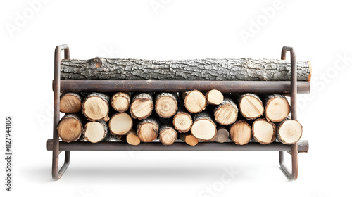 Rustic firewood rack with cut logs stacked up on white background