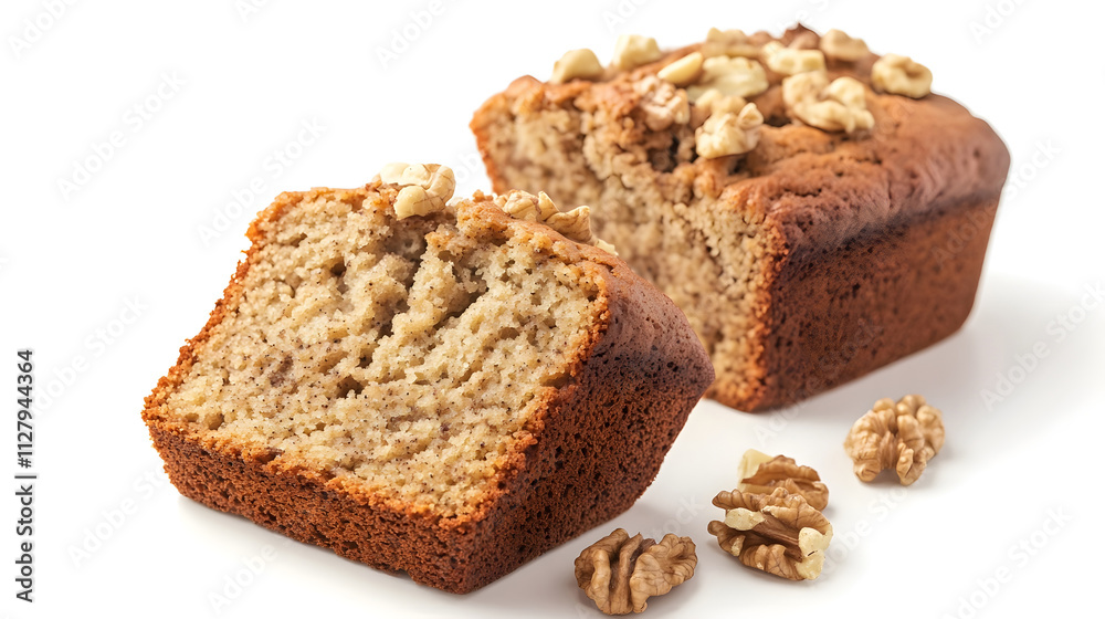 Slice of banana bread with chopped walnuts on white background Slice of banana bread with chopped walnuts on white background