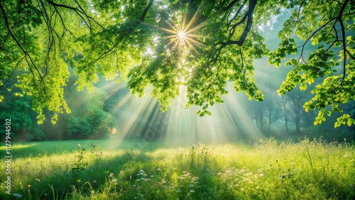 Sunbeams filtering through lush green canopy illuminating a tranquil meadow