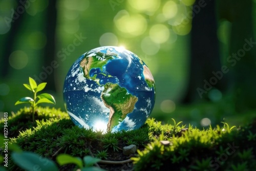 Crystal land in a forest environment. Earth Day concept. Save the planet. Think about the environment. Paris Agreement concept. Ecology concept.