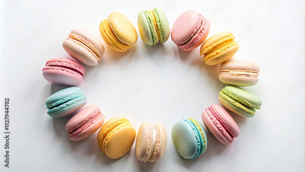 A circle of pastel-colored macarons on a white background, perfect for a bakery or dessert menu design A circle of pastel-colored macarons on a white background, perfect for a bakery or dessert menu design