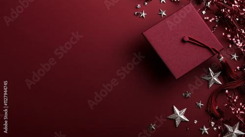 red graduation cap with silver stars and tassel on burgundy background