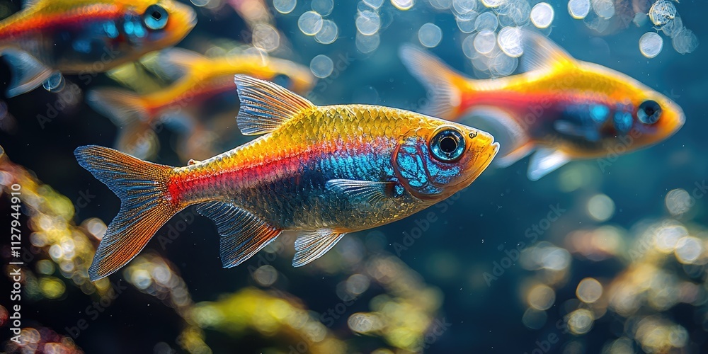Naklejka premium Neon tetras display their striking blue and red colors while swimming among lush aquatic plants in a beautifully maintained freshwater tank