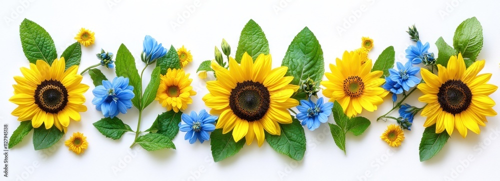 Vibrant sunflowers and blue flowers arrangement on white. Vibrant sunflowers and blue flowers arrangement on white.