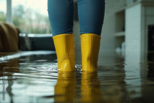 Flood Concept: Person In Yellow Rubber Boots Standing In A Water-Flooded Room.