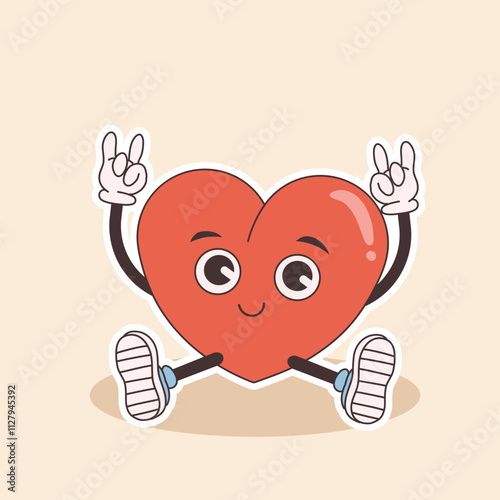 groovy heart character for Valentines day illustration. Retro cartoon style valentines day.
