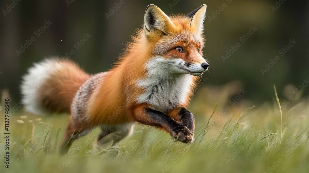 Obraz premium Red fox running through grass in forest.