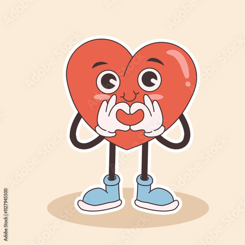 groovy heart character for Valentines day illustration. Retro cartoon style valentines day.