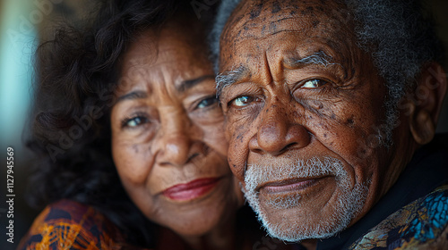 close up portrait of senior black couple looking at camera lovingly