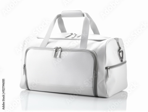 White leather duffel bag on white background. (4) photo