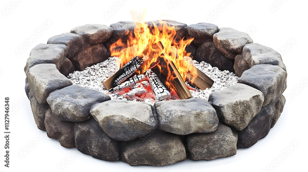 Stone fire ring with a roaring fire and ashes on white background Stone fire ring with a roaring fire and ashes on white background