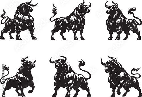 A strong muscular bull set vector, A strong muscular bull silhouette vector illustration