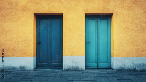 Two doors on a yellow wall, a vibrant contrast of colors and textures, architectural minimalism.