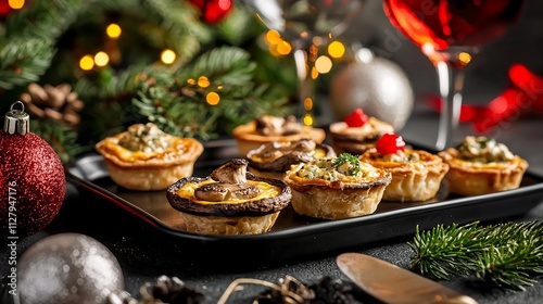 Delectable tray of festive appetizers featuring mini quiches and savory stuffed mushrooms beautifully presented on a holiday table setting for elegant entertaining and celebratory gatherings