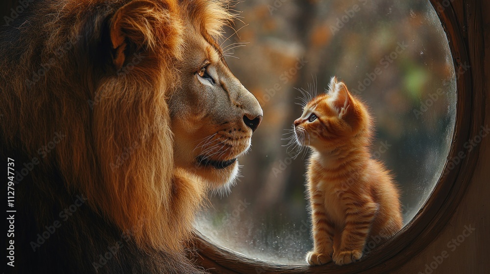 Naklejka premium Kitten Discovers Its Inner Lion Embracing Strength and Transformation