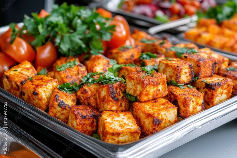 Grilled Paneer Tikka with Fresh Herbs and Tomato Garnish Grilled Paneer Tikka with Fresh Herbs and Tomato Garnish