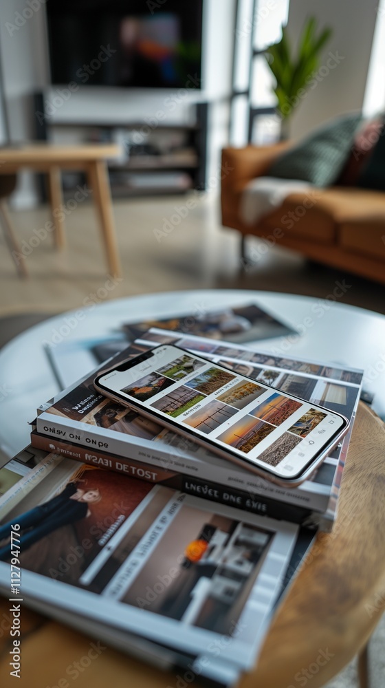 A top-of-the-line smartphone resting on a stack of magazines, displaying a high-resolution photo gallery app, with a minimalist living room setup in the background. A top-of-the-line smartphone resting on a stack of magazines, displaying a high-resolution photo gallery app, with a minimalist living room setup in the background.