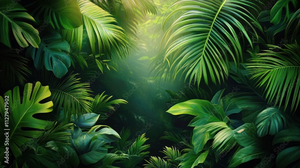 Tropical rainforest jungle background with vibrant foliage and border of leaves showcasing nature's beauty and adventure