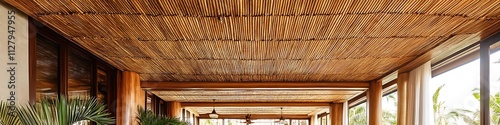 Textured bamboo ceiling creating a natural aesthetic in an eco-friendly resort