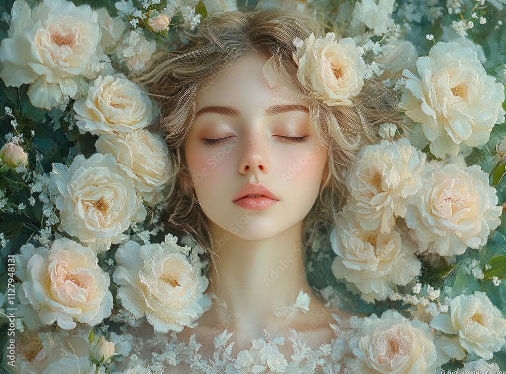 Naklejka premium Beauty Image of a Woman with White Roses in Ethereal Style for Skincare Haircare and Aesthetics
