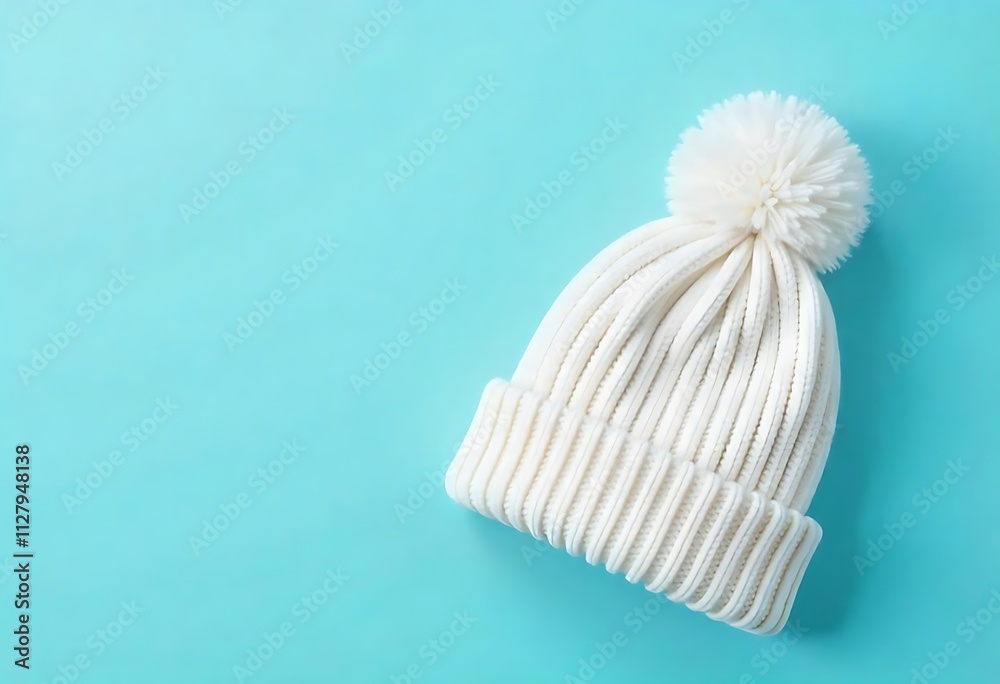 White Knitted Beanie with Pom Pom on Blue Background White Knitted Beanie with Pom Pom on Blue Background