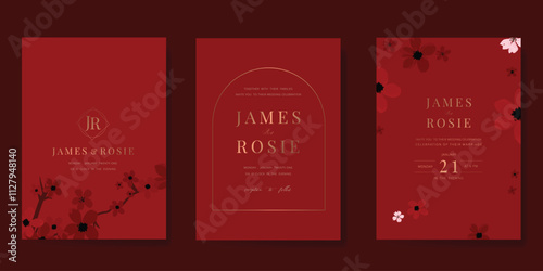 Luxury invitation card design vector set. Elegant wedding card with flower on red background. Design illustration for cover, poster, gala.