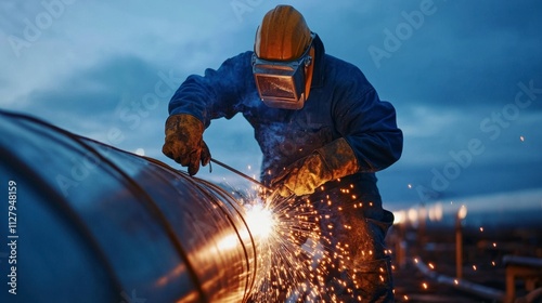 Professional welder working on industrial pipeline. Skilled craftsmanship, safety equipment, and precision welding techniques for quality construction. photo