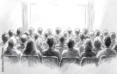 An ink sketch of an audience in a cinema, viewed from behind The crowd is seated on comfortable chairs and faces forward towards the stage or screen,


 photo