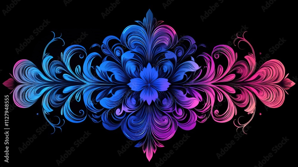 Black background with symmetrical neon blue and purple pattern Black background with symmetrical neon blue and purple pattern
