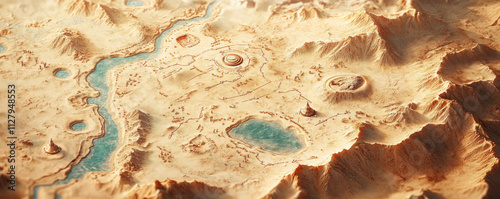detailed map of desert landscape featuring marked oases, rivers, mountains, and ancient ruins, evoking sense of exploration and adventure