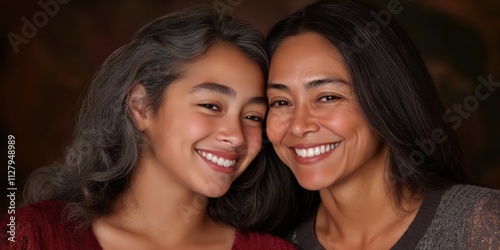 A heartwarming portrait of a mother and daughter duo beaming with joy encapsulates love and warmth, highlighting the deep bond shared between them and their emotional connection.