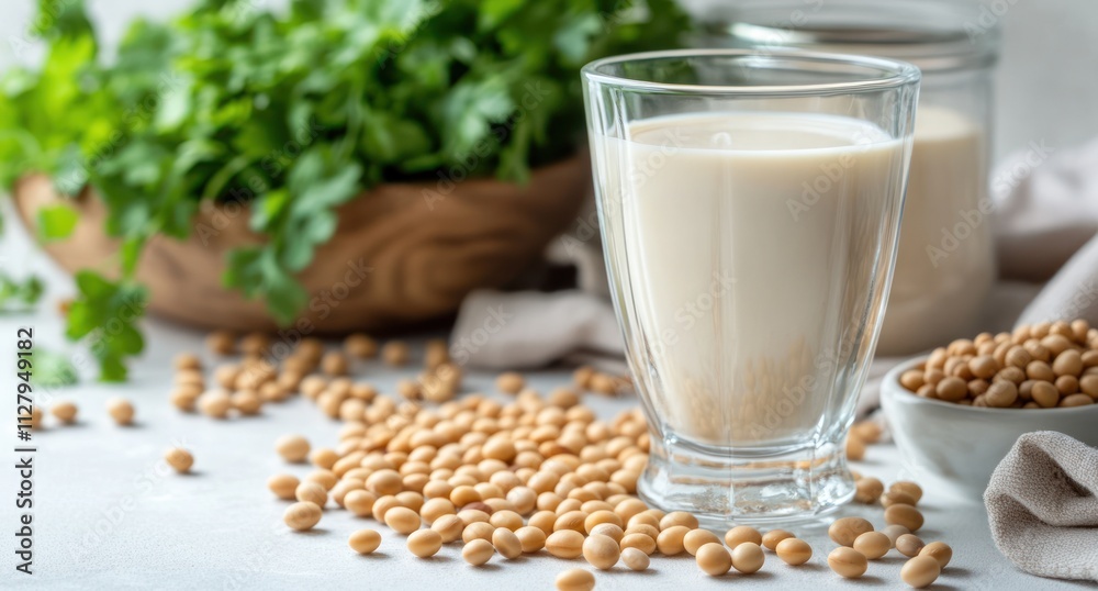 Soy milk in glass, soybeans, and parsley. Soy milk in glass, soybeans, and parsley.