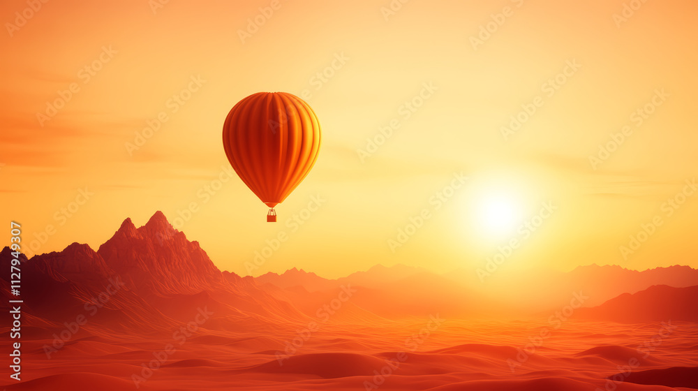 Fototapeta premium hot air balloon floats in vibrant sunset over mountains, evoking serenity