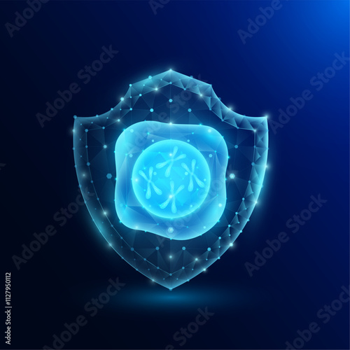 Chromosome DNA in nucleus cell in shield translucent low poly triangle futuristic glowing. Genetic synthetic biology combined. Immunity protection medical concept. Vector EPS10.