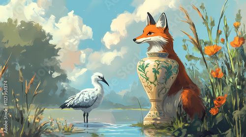 The fox and the stork, tall vase , classic fable , aesop's fables. Fable. Illustration