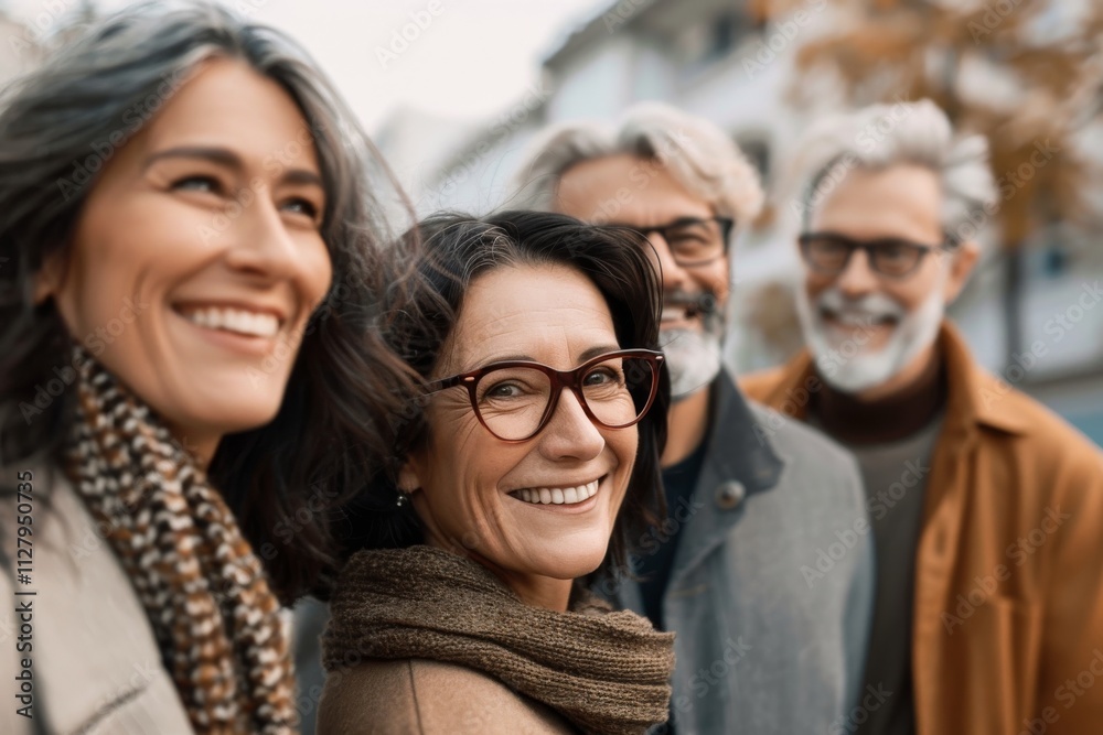 Portrait of happy mature woman in eyeglasses looking at camera with friends in background Portrait of happy mature woman in eyeglasses looking at camera with friends in background
