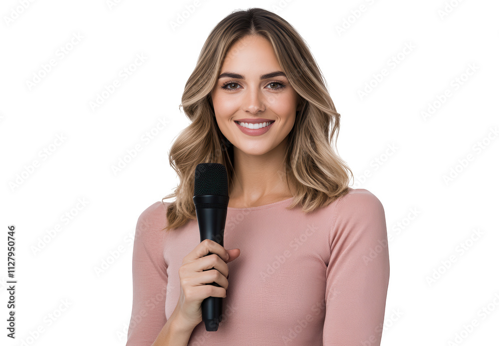 Smiling woman holding a microphone ready to speak Smiling woman holding a microphone ready to speak