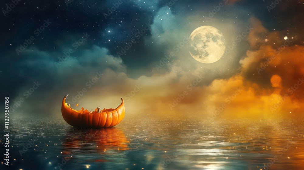 A floating pumpkin boat sailing on a sparkling river under a full moon. A floating pumpkin boat sailing on a sparkling river under a full moon.
