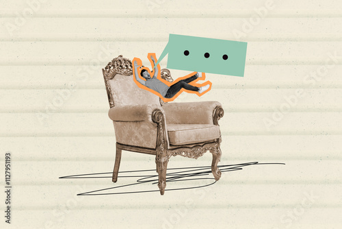 Composite photo collage of astonished man fall royal armchair bubble communication speech talk phrase isolated on painted background