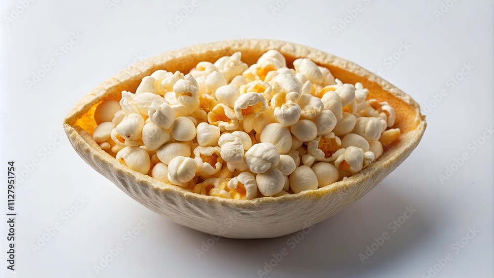 A boat-shaped vessel filled with fluffy popcorn kernels A boat-shaped vessel filled with fluffy popcorn kernels