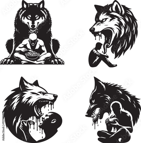 A Wolf Has Eating In The Man set Silhouette vector, A Wolf Has Eating In The Man black vector illustration