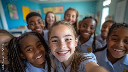 Group selfie of elementary school students taking a group photo at a co-educational school. Students from diverse backgrounds smile and pose happily.