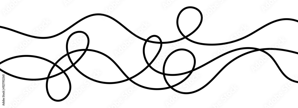 Thin squiggly lines. Wavy wiggle stripe pattern decoration. Curvy thread, string or yarn lines for ornament, decor, separate, divider. Tangled squiggle linear doodle shapes. Vector