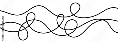 Thin squiggly lines. Wavy wiggle stripe pattern decoration. Curvy thread, string or yarn lines for ornament, decor, separate, divider. Tangled squiggle linear doodle shapes. Vector