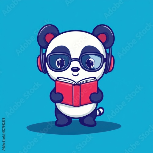 Cute panda wearing headphones reading book. photo