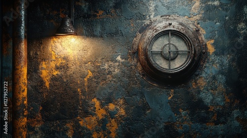 Rustic Industrial Wall with Vintage Porthole and Warm Light Fixture in Moody Atmosphere
