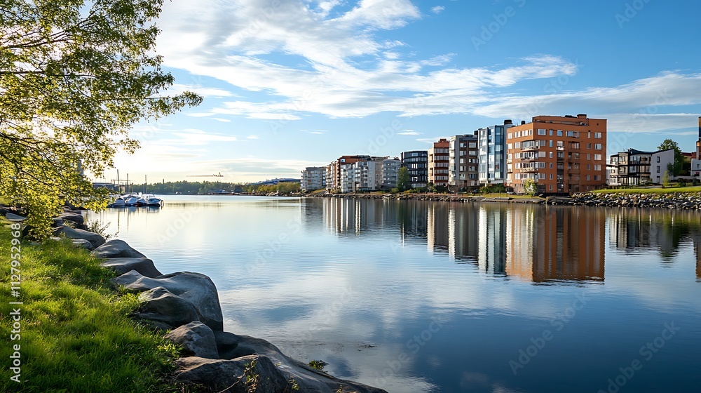 Fototapeta premium Modern Apartments Reflecting on Calm River. Scenic Lakeside Community.