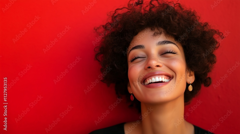A cheerful woman, laughing and smiling happily. She has a bright, radiant face, showing happiness and positivity. The background is bright red. A cheerful woman, laughing and smiling happily. She has a bright, radiant face, showing happiness and positivity. The background is bright red.